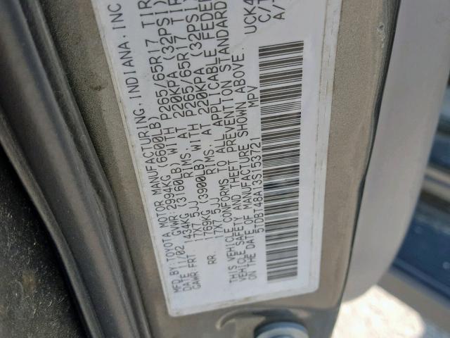 5TDBT48A13S153721 - 2003 TOYOTA SEQUOIA LI GRAY photo 10