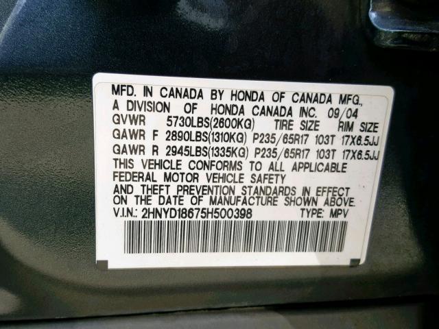 2HNYD18675H500398 - 2005 ACURA MDX TOURIN GRAY photo 10