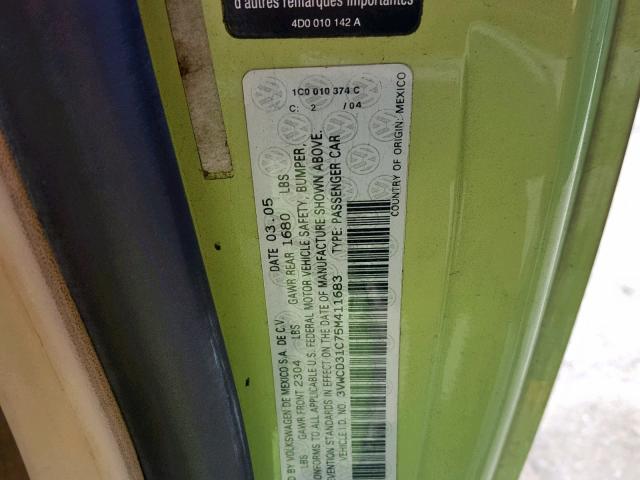 3VWCD31C75M411683 - 2005 VOLKSWAGEN NEW BEETLE Yaşıl foto 10