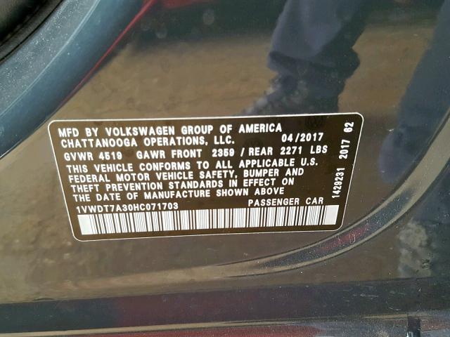 1VWDT7A30HC071703 - 2017 VOLKSWAGEN PASSAT R-L GRAY photo 10