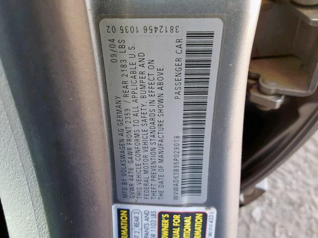 WVWAD63B95P029018 - 2005 VOLKSWAGEN PASSAT GLS GRAY photo 10