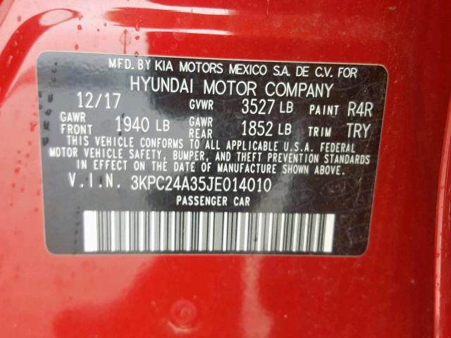 3KPC24A35JE014010 - 2018 HYUNDAI ACCENT SE RED photo 10