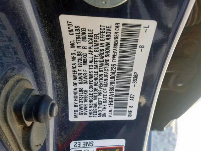 1HGFA16928L004226 - 2008 HONDA CIVIC EXL 蓝色 照片 10