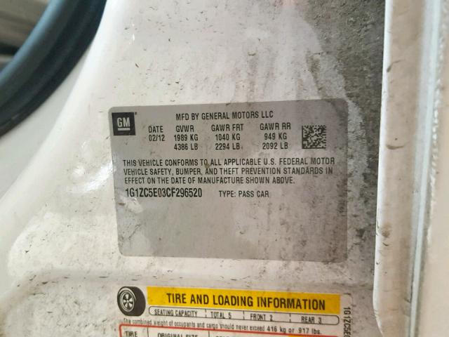 1G1ZC5E03CF296520 - 2012 CHEVROLET MALIBU 1LT WHITE photo 10
