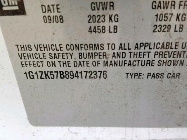 1G1ZK57B894172376 - 2009 CHEVROLET MALIBU LTZ თეთრი ფოტო 10