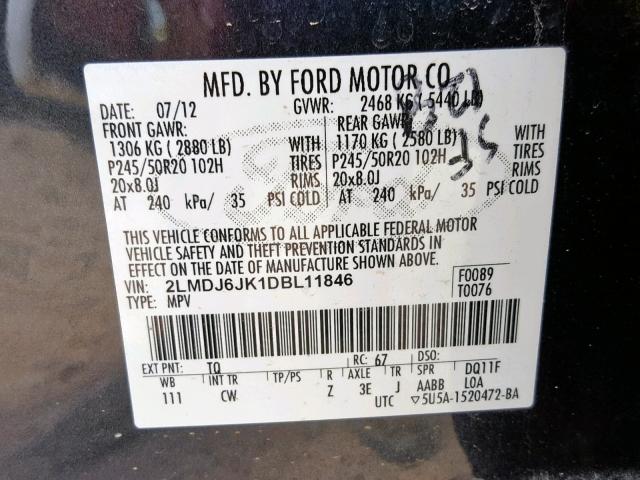 2LMDJ6JK1DBL11846 - 2013 LINCOLN MKX GRAY photo 10