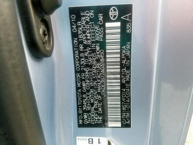 JTKDE3B77A0318450 - 2010 TOYOTA SCION TC ლურჯი ფოტო 10