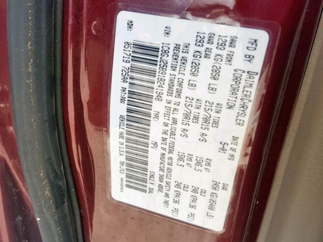 1C8GJ25B91B241948 - 2001 CHRYSLER VOYAGER BURGUNDY photo 10