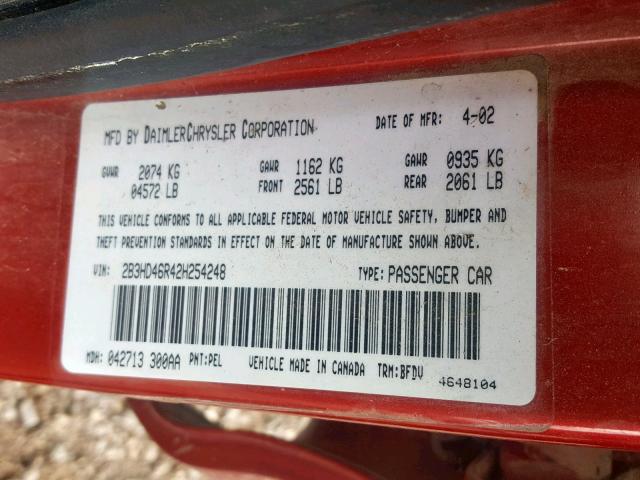 2B3HD46R42H254248 - 2002 DODGE INTREPID S Qırmızı foto 10