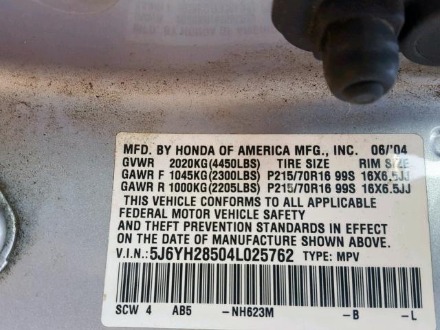 5J6YH28504L025762 - 2004 HONDA ELEMENT EX SILVER photo 10