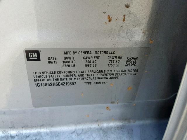 1G1JA5SH6C4219357 - 2012 CHEVROLET SONIC LS SILVER photo 10