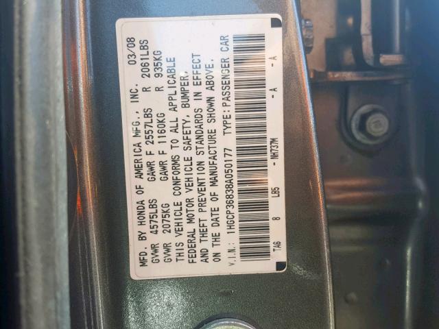 1HGCP36838A050177 - 2008 HONDA ACCORD EXL GRAY photo 10