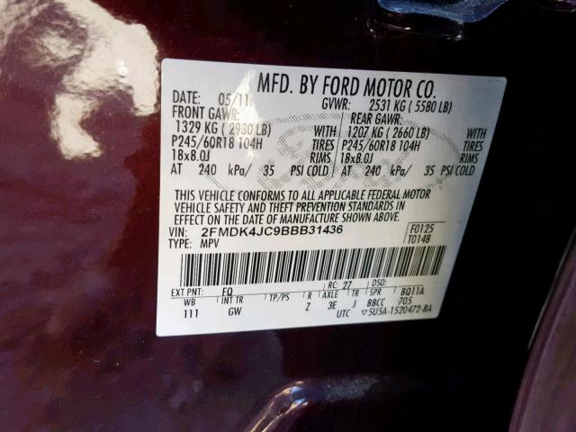 2FMDK4JC9BBB31436 - 2011 FORD EDGE SEL BURGUNDY photo 10