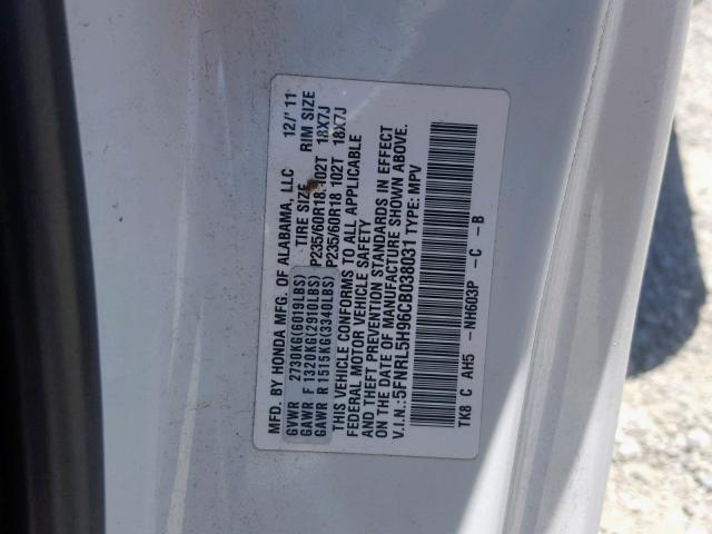 5FNRL5H96CB038031 - 2012 HONDA ODYSSEY TO WHITE photo 10