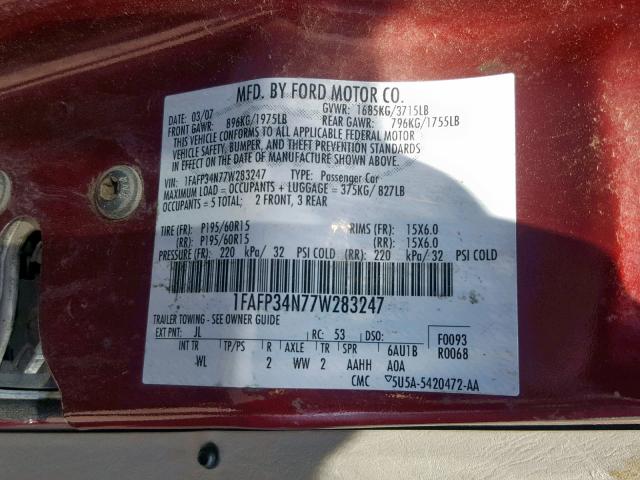 1FAFP34N77W283247 - 2007 FORD FOCUS ZX4 MAROON photo 10