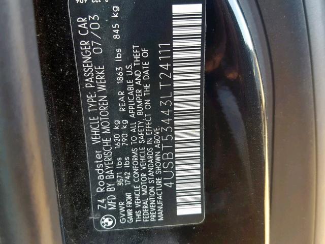 4USBT53443LT24111 - 2003 BMW Z4 3.0 BLACK photo 10