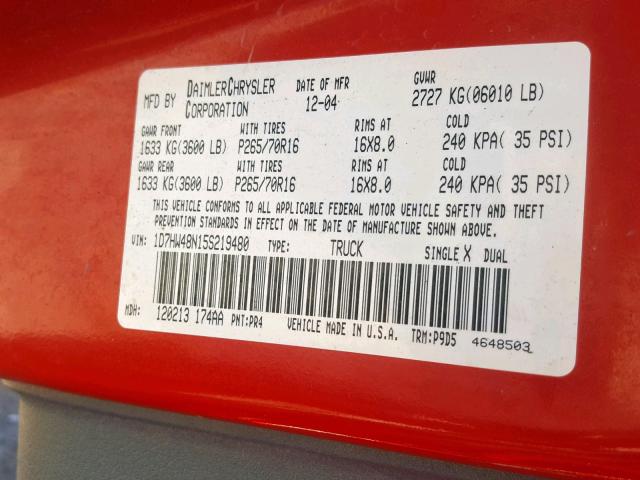 1D7HW48N15S219480 - 2005 DODGE DAKOTA QUA RED photo 10