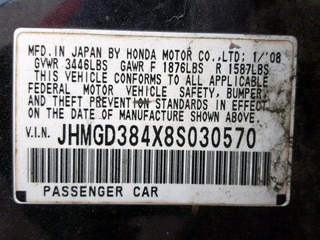 JHMGD384X8S030570 - 2008 HONDA FIT BLACK photo 10