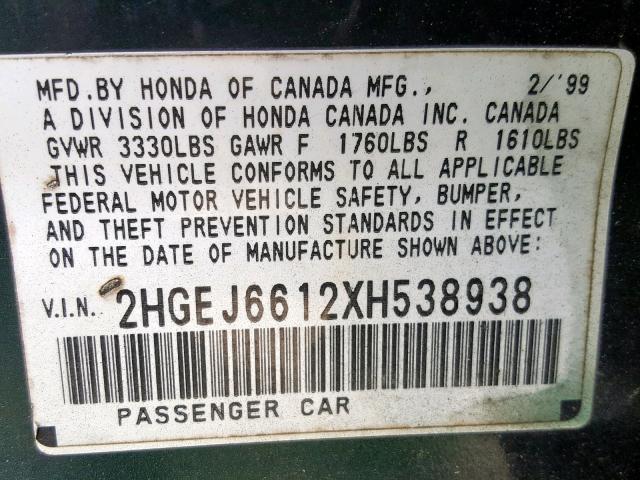 2HGEJ6612XH538938 - 1999 HONDA CIVIC BASE BLACK photo 10