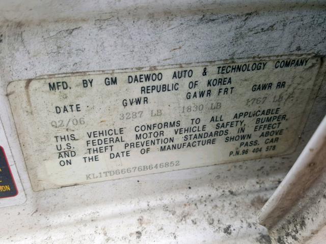 KL1TD66676B646852 - 2006 CHEVROLET AVEO BASE Ақ фото 10