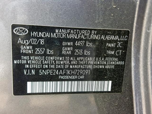 5NPE24AF1KH729091 - 2019 HYUNDAI SONATA SE GRAY photo 10