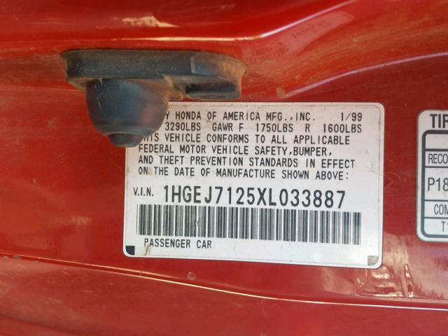 1HGEJ7125XL033887 - 1999 HONDA CIVIC HX RED photo 10