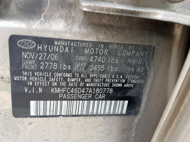 KMHFC46D47A180778 - 2007 HYUNDAI AZERA GLS GOLD photo 10