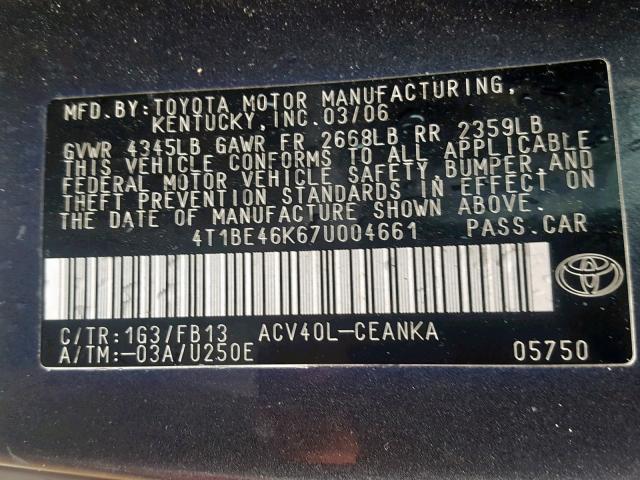 4T1BE46K67U004661 - 2007 TOYOTA CAMRY NEW GRAY photo 10