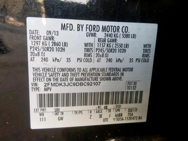 2FMDK3JC9DBC92107 - 2013 FORD EDGE SEL BLACK photo 10