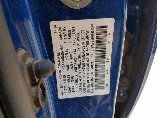 2HGFB2F9XFH510593 - 2015 HONDA CIVIC EXL BLUE photo 10