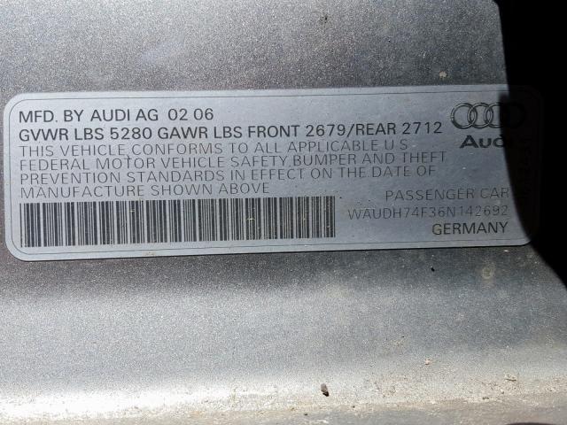 WAUDH74F36N142692 - 2006 AUDI A6 3.2 QUA SILVER photo 10