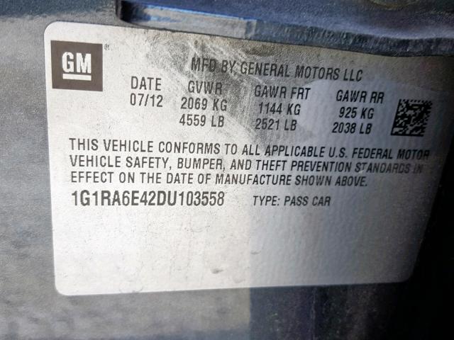 1G1RA6E42DU103558 - 2013 CHEVROLET VOLT SILVER photo 10