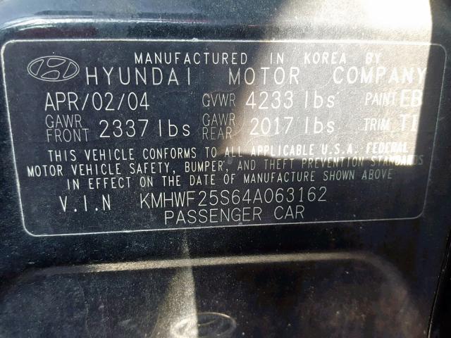 KMHWF25S64A063162 - 2004 HYUNDAI SONATA GL BLACK photo 10