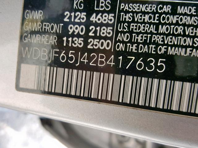 WDBJF65J42B417635 - 2002 MERCEDES-BENZ E 320 SILVER photo 10