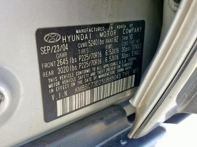 KM8SC73D25U888043 - 2005 HYUNDAI SANTA FE G SILVER photo 10