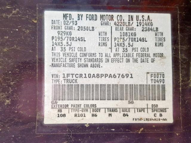 1FTCR10A8PPA67691 - 1993 FORD RANGER PURPLE photo 10