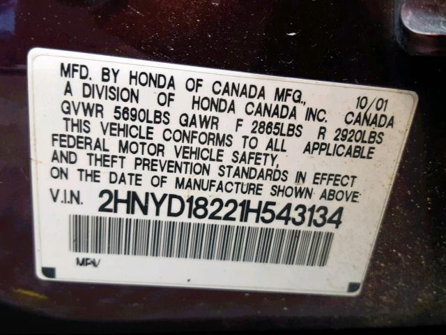 2HNYD18221H543134 - 2001 ACURA MDX PURPLE photo 10