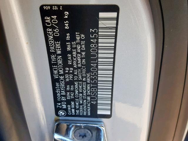 4USBT53504LU08453 - 2004 BMW Z4 3.0 SILVER photo 10