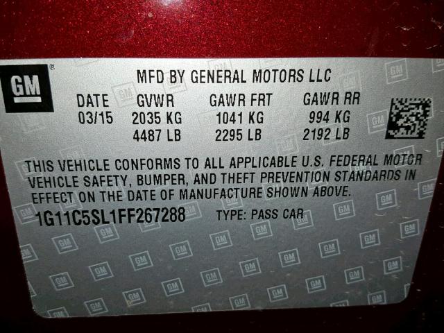 1G11C5SL1FF267288 - 2015 CHEVROLET MALIBU 1LT 栗色 照片 10