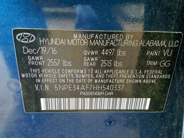 5NPE34AF7HH540337 - 2017 HYUNDAI SONATA SPO BLUE photo 10