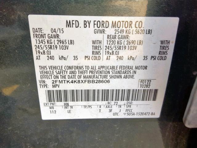 2FMTK4K8XFBB28606 - 2015 FORD EDGE TITAN SILVER photo 10