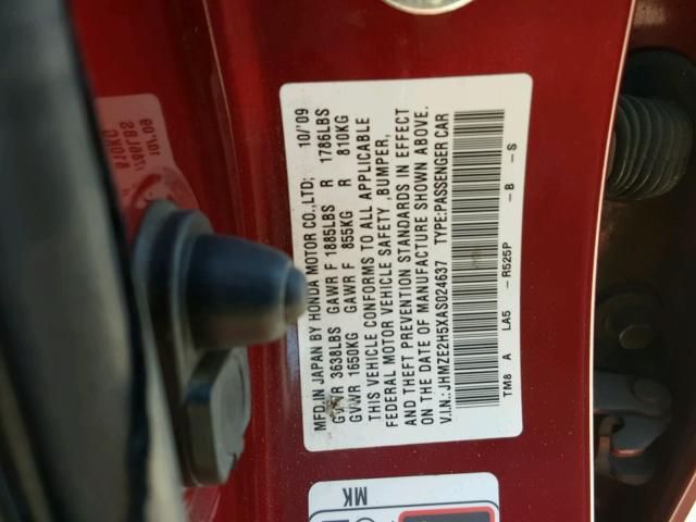 JHMZE2H5XAS024637 - 2010 HONDA INSIGHT LX RED photo 10