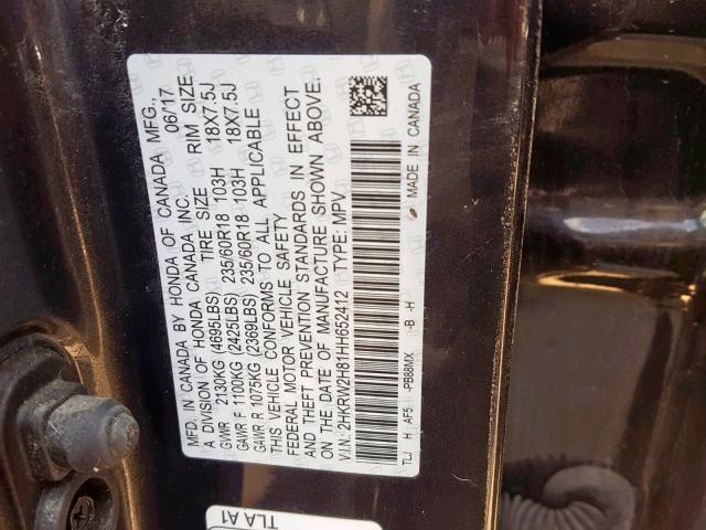 2HKRW2H81HH652412 - 2017 HONDA CR-V EXL BLACK photo 10