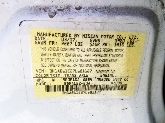 3N1AB61E27L681127 - 2007 NISSAN SENTRA 2.0 WHITE photo 10