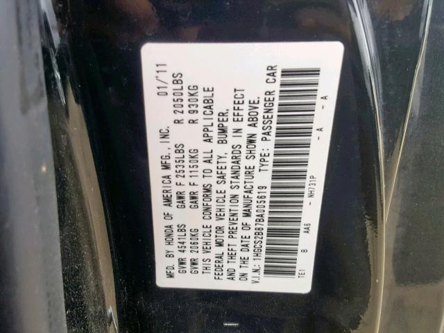 1HGCS2B87BA005619 - 2011 HONDA ACCORD EXL BLACK photo 10