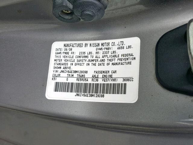 JNKCV64E38M129098 - 2008 INFINITI G37 BASE GRAY photo 10