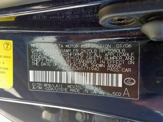 JTHBA30G365171940 - 2006 LEXUS ES 330 BLUE photo 10