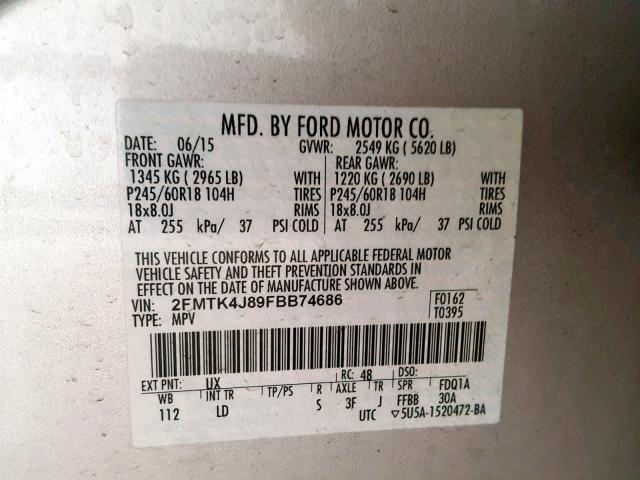 2FMTK4J89FBB74686 - 2015 FORD EDGE SEL SILVER photo 10