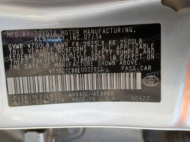 4T1BD1EB8EU032932 - 2014 TOYOTA AVALON HYB SILVER photo 10