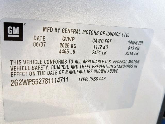 2G2WP552781114711 - 2008 PONTIAC GRAND PRIX SILVER photo 10